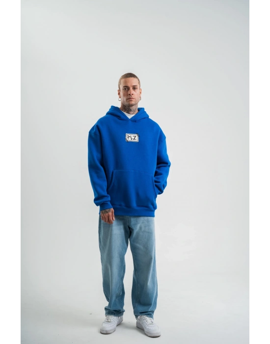 ERKEK Kapşonlu Uzun Kol Patchli Nakışlı SweatShirt - Mavi