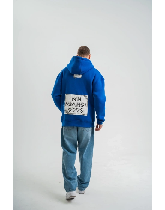 ERKEK Kapşonlu Uzun Kol Patchli Nakışlı SweatShirt - Mavi