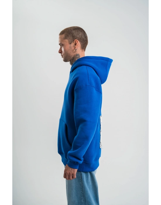 ERKEK Kapşonlu Uzun Kol Patchli Nakışlı SweatShirt - Mavi