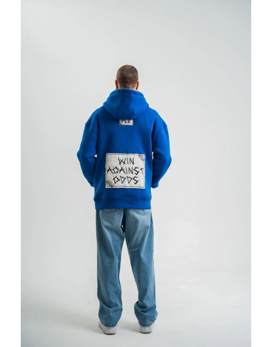 ERKEK Kapşonlu Uzun Kol Patchli Nakışlı SweatShirt - Mavi