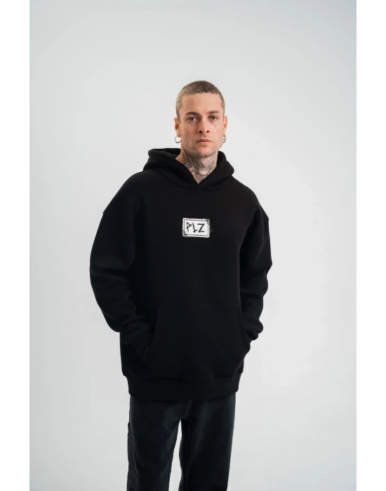 ERKEK Kapşonlu Uzun Kol Patchli Nakışlı SweatShirt - Siyah