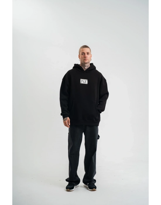 ERKEK Kapşonlu Uzun Kol Patchli Nakışlı SweatShirt - Siyah