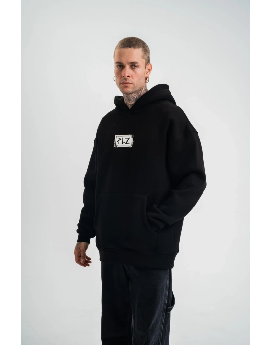 ERKEK Kapşonlu Uzun Kol Patchli Nakışlı SweatShirt - Siyah