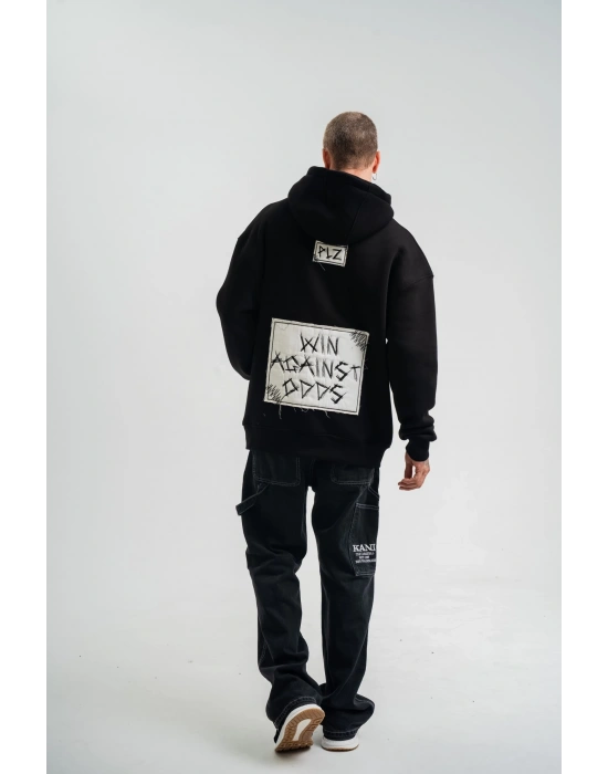 ERKEK Kapşonlu Uzun Kol Patchli Nakışlı SweatShirt - Siyah