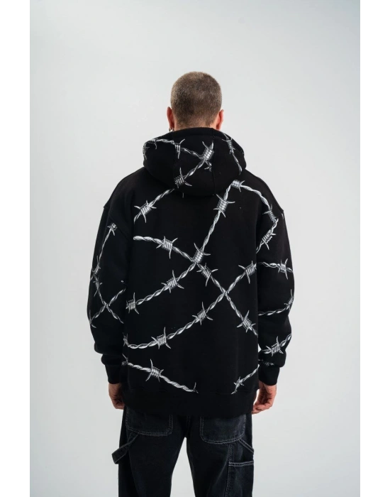 ERKEK Kapşonlu Varak ve Pano Baskılı SweatShirt- Siyah