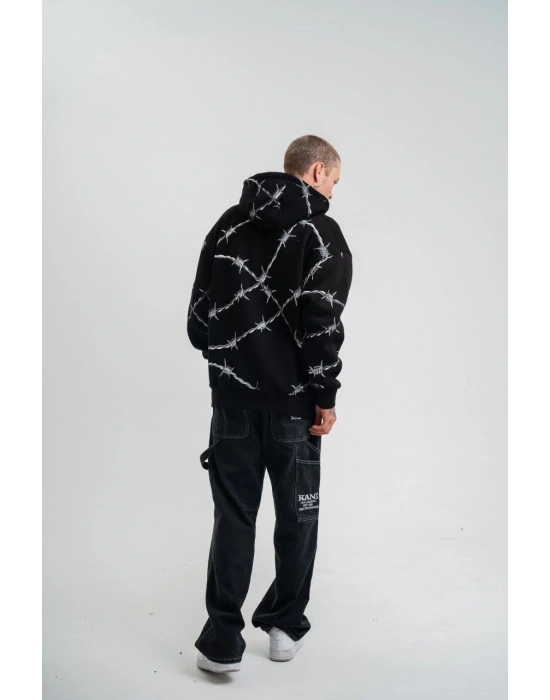 ERKEK Kapşonlu Varak ve Pano Baskılı SweatShirt- Siyah