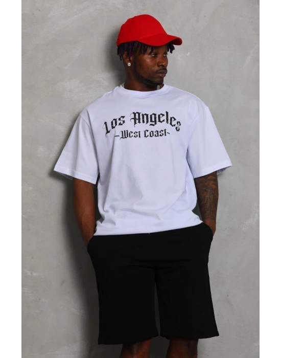 ERKEK Oversize Baskılı Bisiklet Yaka T-Shirt - Beyaz