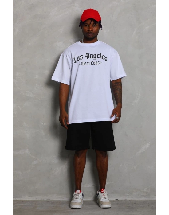 ERKEK Oversize Baskılı Bisiklet Yaka T-Shirt - Beyaz