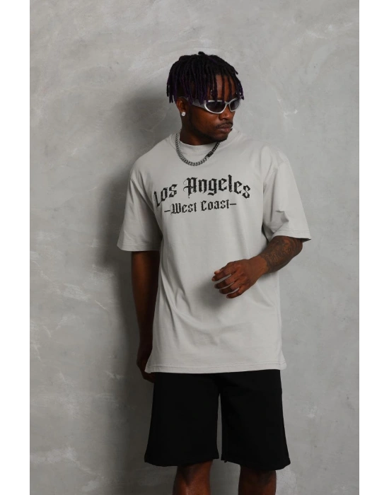 ERKEK Oversize Baskılı Bisiklet Yaka T-Shirt - Gri