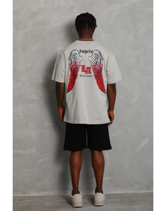 ERKEK Oversize Baskılı Bisiklet Yaka T-Shirt - Gri