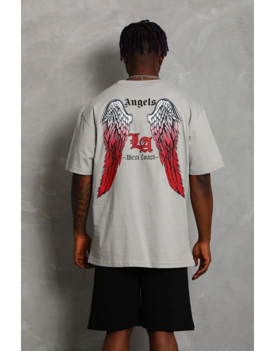 ERKEK Oversize Baskılı Bisiklet Yaka T-Shirt - Gri