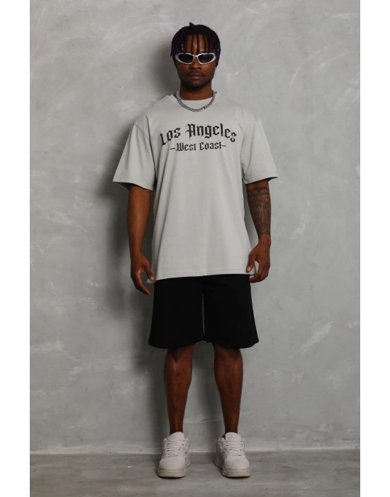 ERKEK Oversize Baskılı Bisiklet Yaka T-Shirt - Gri