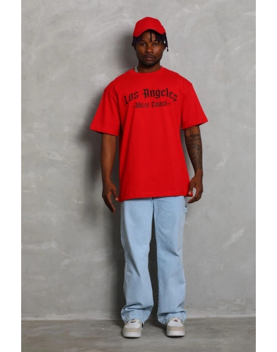 ERKEK Oversize Baskılı Bisiklet Yaka T-Shirt - Kırmızı