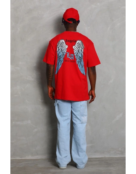 ERKEK Oversize Baskılı Bisiklet Yaka T-Shirt - Kırmızı