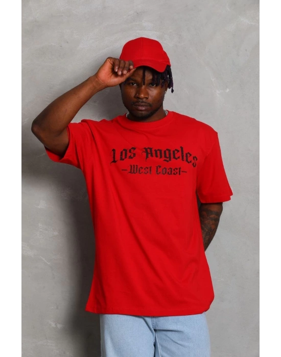 ERKEK Oversize Baskılı Bisiklet Yaka T-Shirt - Kırmızı