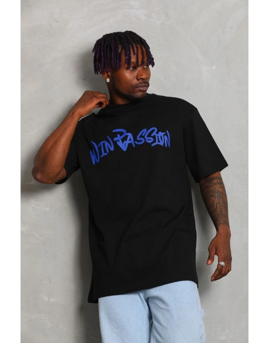 ERKEK Oversize Baskılı Bisiklet Yaka - Siyah