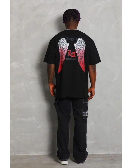 ERKEK Oversize Baskılı Bisiklet Yaka T-Shirt - Siyah