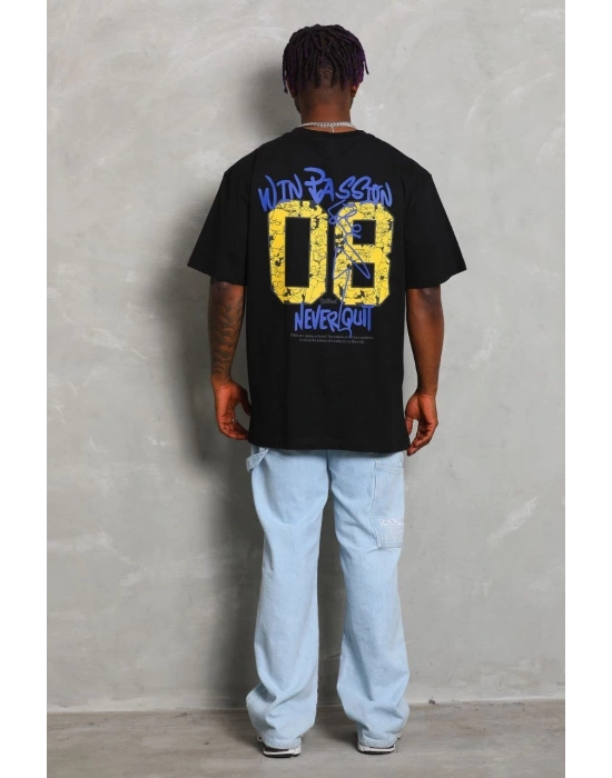 ERKEK Oversize Baskılı Bisiklet Yaka - Siyah