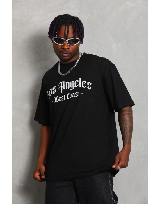 ERKEK Oversize Baskılı Bisiklet Yaka T-Shirt - Siyah