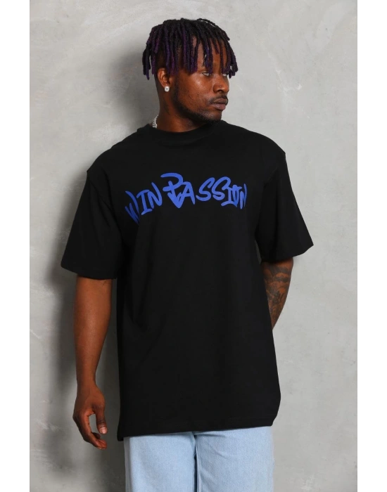 ERKEK Oversize Baskılı Bisiklet Yaka - Siyah