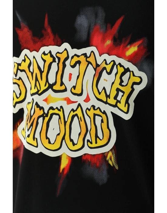 ERKEK Oversize Baskılı Bisiklet Yaka T-Shirt - Siyah