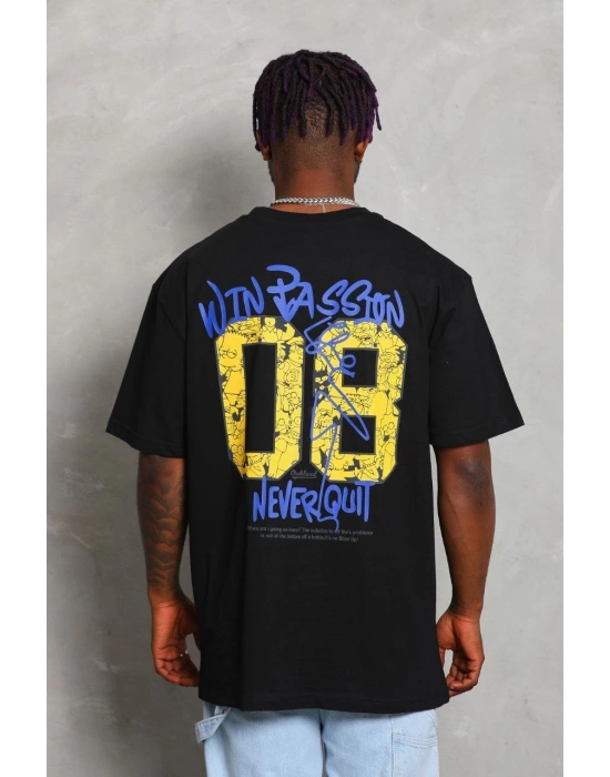 ERKEK Oversize Baskılı Bisiklet Yaka - Siyah