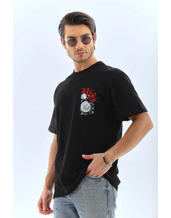 ERKEK Oversize Baskılı Bisiklet Yaka T-Shirt - Siyah