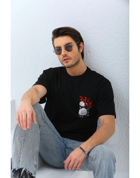 ERKEK Oversize Baskılı Bisiklet Yaka T-Shirt - Siyah