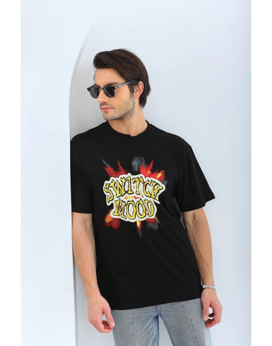 ERKEK Oversize Baskılı Bisiklet Yaka T-Shirt - Siyah