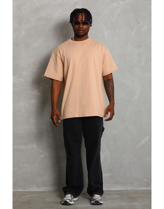 ERKEK Oversize Düz Bisiklet Yaka T-Shirt - Bej