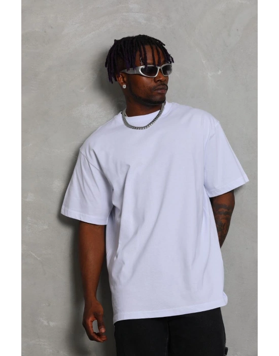 ERKEK Oversize Düz Bisiklet Yaka T-Shirt - Beyaz