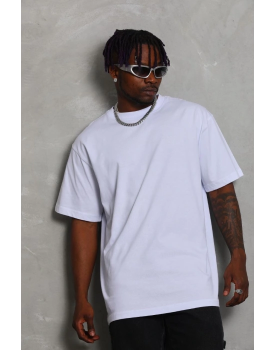 ERKEK Oversize Düz Bisiklet Yaka T-Shirt - Beyaz