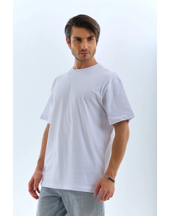 ERKEK Oversize Düz Bisiklet Yaka T-Shirt - Beyaz