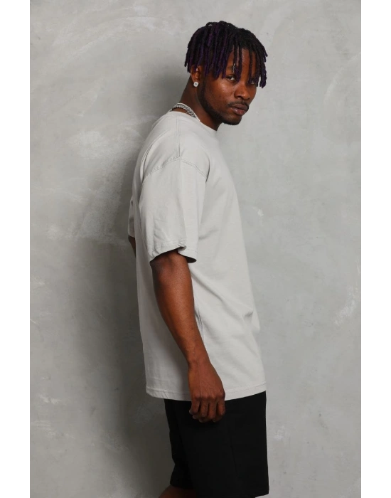 ERKEK Oversize Düz Bisiklet Yaka T-Shirt - Gri