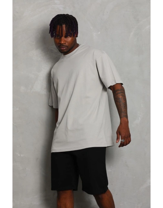 ERKEK Oversize Düz Bisiklet Yaka T-Shirt - Gri