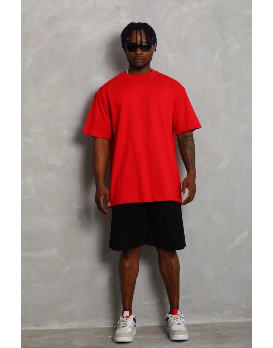 ERKEK Oversize Düz Bisiklet Yaka T-Shirt - Kırmızı