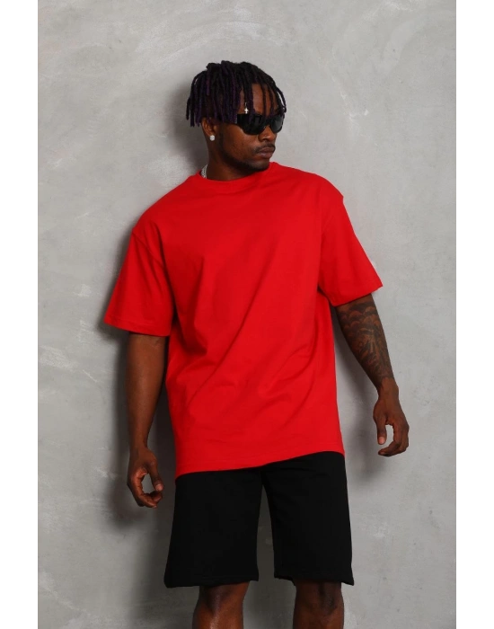 ERKEK Oversize Düz Bisiklet Yaka T-Shirt - Kırmızı