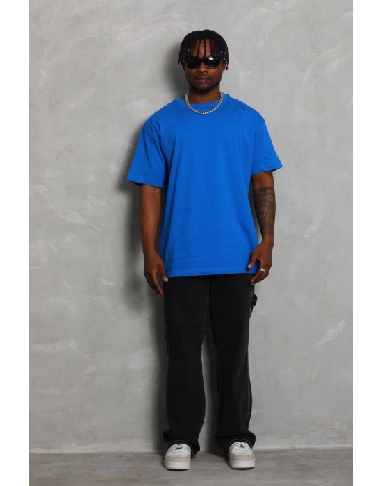 ERKEK Oversize Düz Bisiklet Yaka T-Shirt - Mavi