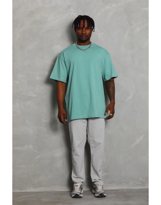 ERKEK Oversize Düz Bisiklet Yaka T-Shirt - Mint Yeşili
