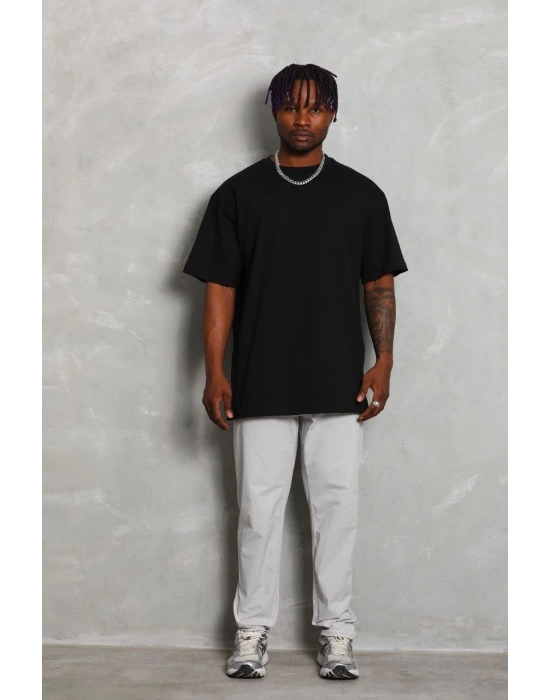 ERKEK Oversize Düz Bisiklet Yaka T-Shirt - Siyah