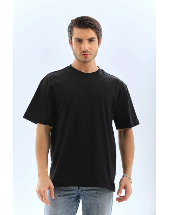 ERKEK Oversize Düz Bisiklet Yaka T-Shirt - Siyah