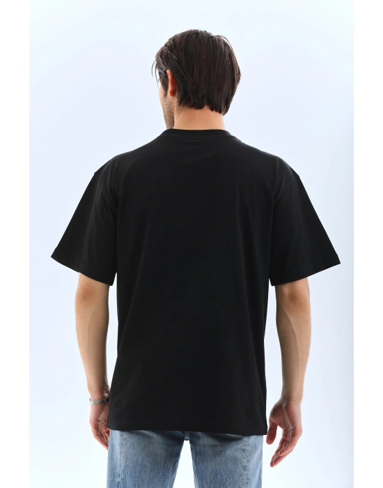 ERKEK Oversize Düz Bisiklet Yaka T-Shirt - Siyah