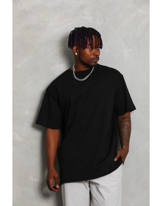 ERKEK Oversize Düz Bisiklet Yaka T-Shirt - Siyah