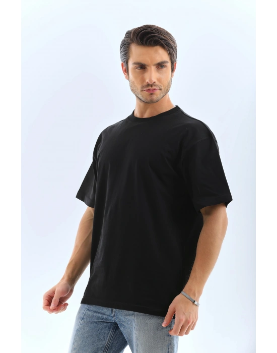ERKEK Oversize Düz Bisiklet Yaka T-Shirt - Siyah