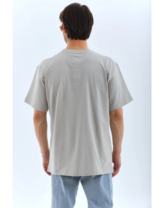 ERKEK Oversize Taşlı Bisiklet Yaka T-Shirt - Gri