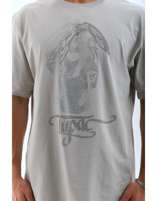 ERKEK Oversize Taşlı Bisiklet Yaka T-Shirt - Gri