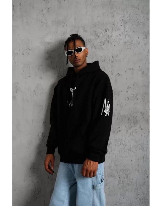 ERKEK Sırt Baskılı Kapüşonlu Üç İplik Oversize Sweatshirt - Siyah