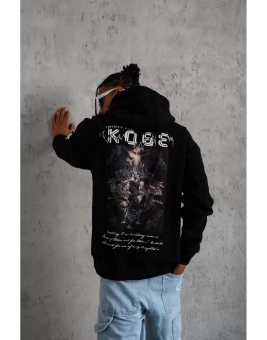 ERKEK Sırt Baskılı Kapüşonlu Üç İplik Oversize Sweatshirt - Siyah