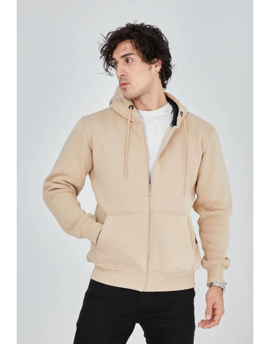 ERKEK Tam Fermuarlı Kapşonlu  SweatShirt - Bej