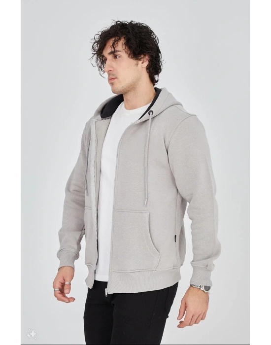 ERKEK Tam Fermuarlı Kapşonlu  SweatShirt - Boyalı Gri